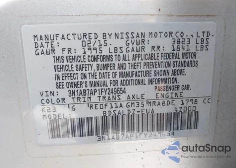 2015 Nissan Sentra Fe+ S/S/Sl/Sr/Sv from USA, damaged, VIN 3N1AB7AP1FY249654